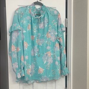 Elegant Floral Women's Blouse - Aqua and Peach